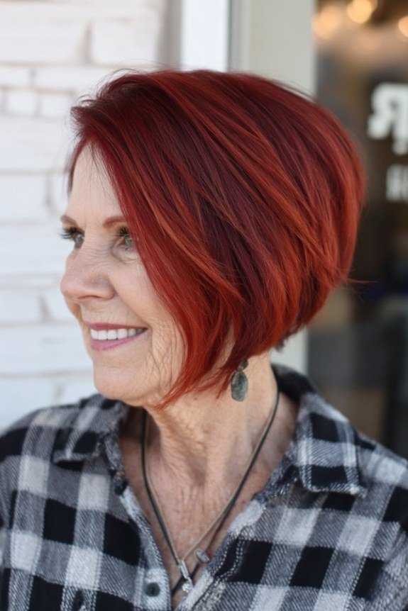 Fiery red and chin-length, this bob is not for the faint of heart.