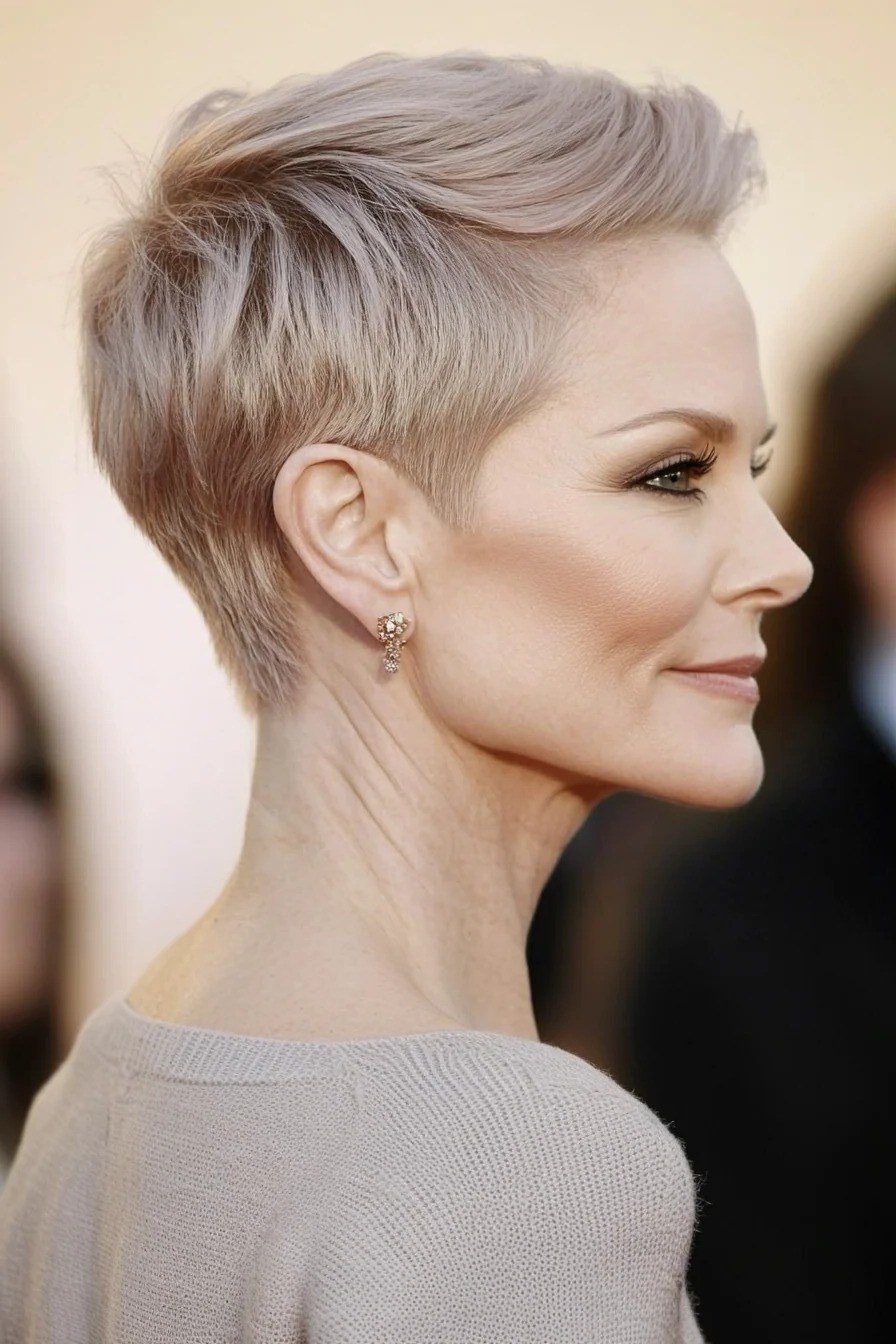 From the side, this platinum pixie shows a flawless graduated shape, short at the nape and longer on top.
