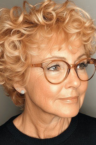 Vibrant copper curls and stylish glasses make this pixie unforgettable.