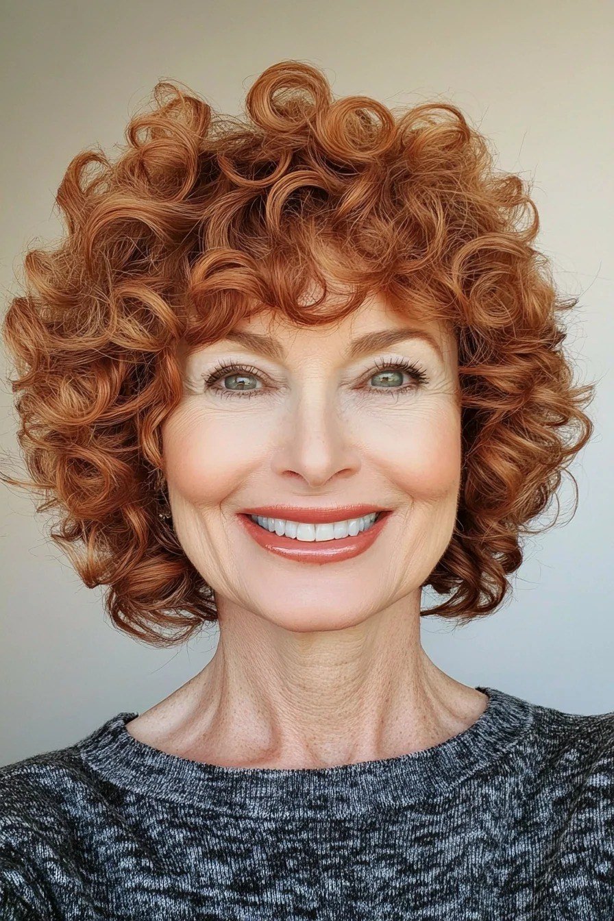 Bouncy copper curls fill out this chin-length bob with incredible volume.
