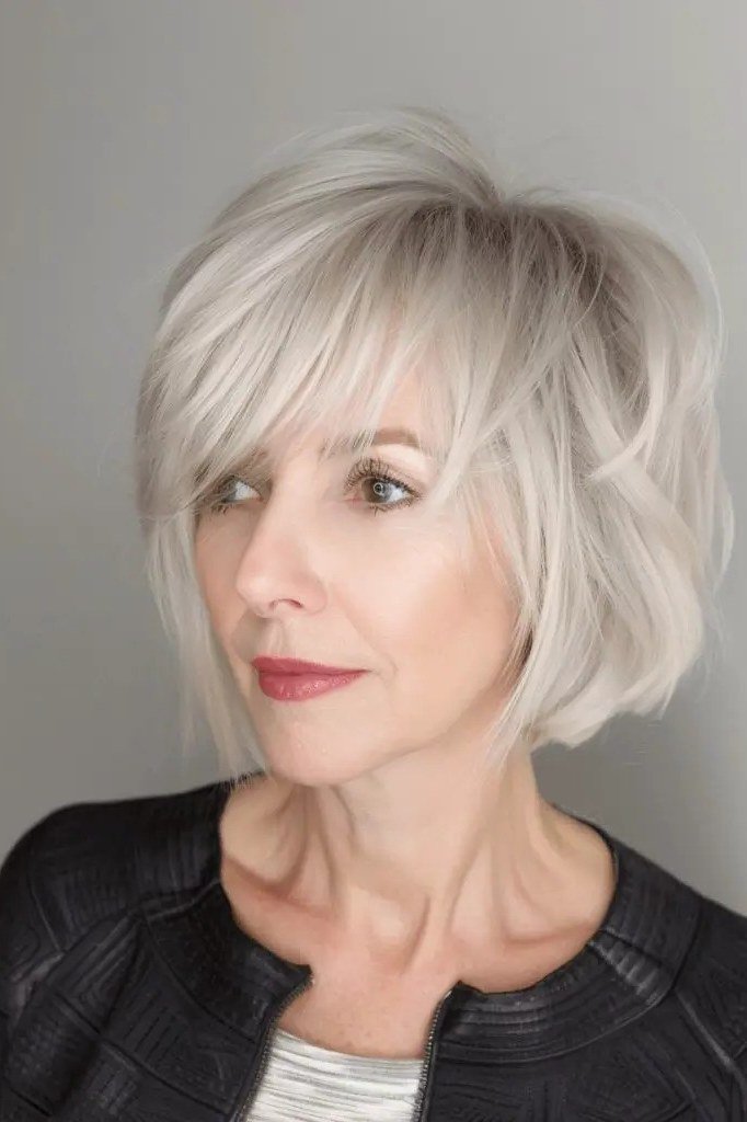 This silver bob has soft layers and a gentle, face-framing shape.