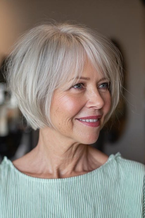 Layers and a soft fringe give this silver bob a youthful, bouncy feel.