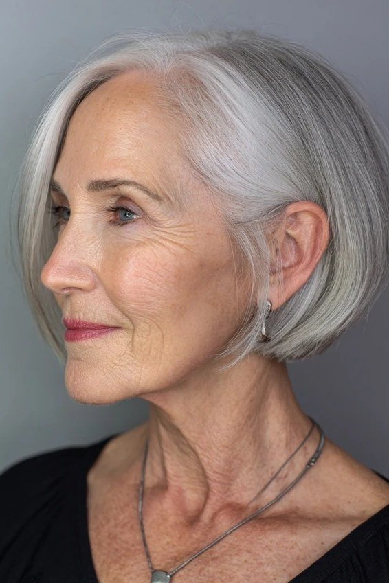 Rounded silver stacked bob haircut, back view, for women over 60
