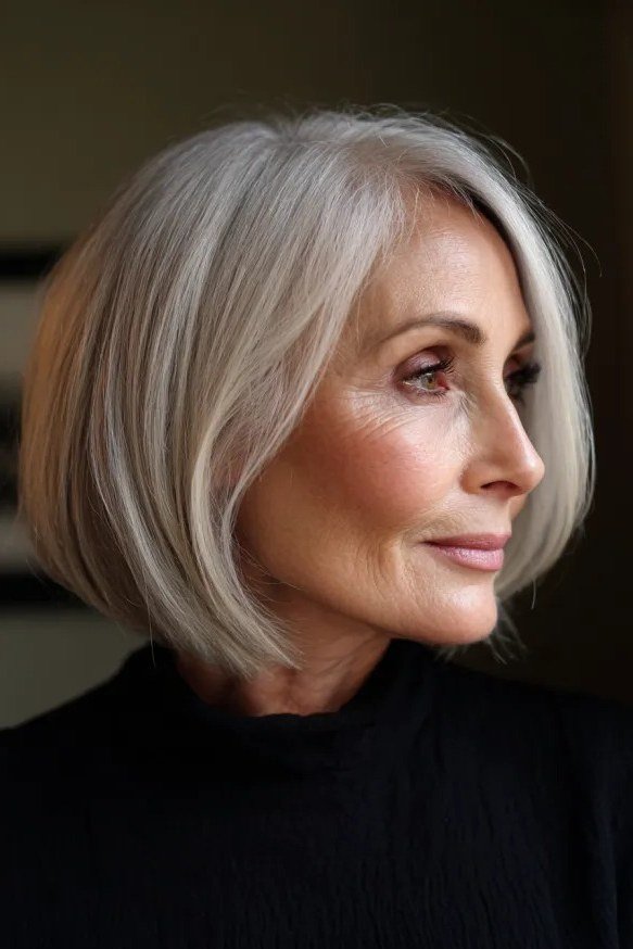 Silver gray smooth side-part bob haircut for women over 60