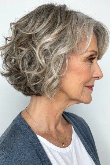 Silver gray curly bob haircut for women over 60