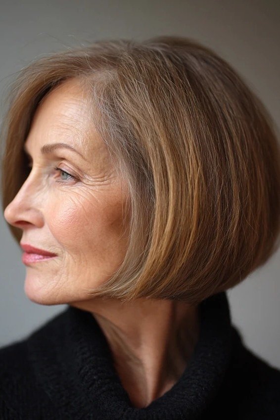 Golden brown classic chin-length bob for older women