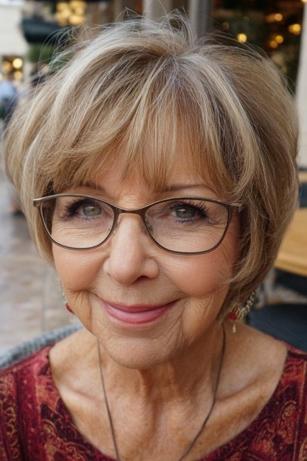 Ash-blonde bob with soft wispy bangs for older women