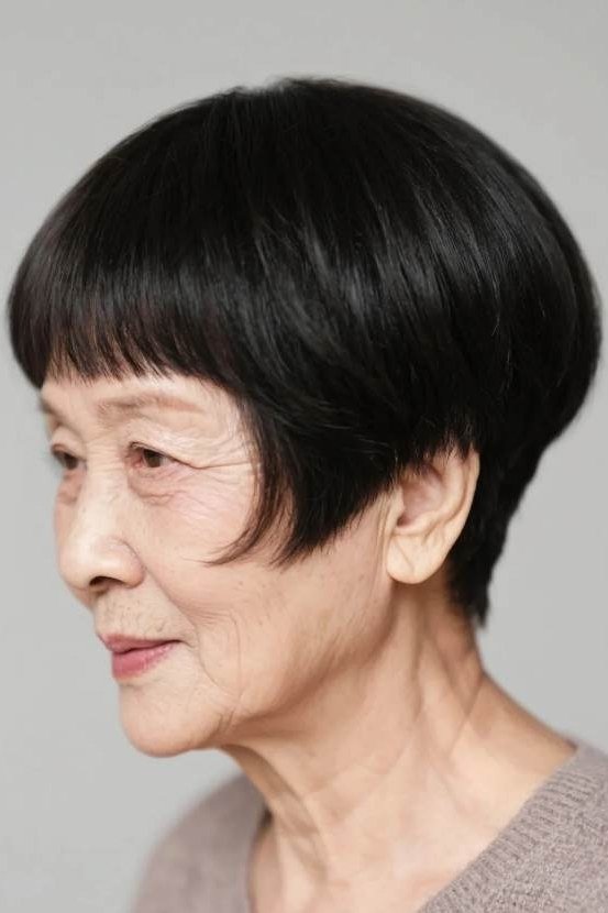Jet-black ear-length bob with full fringe for older women