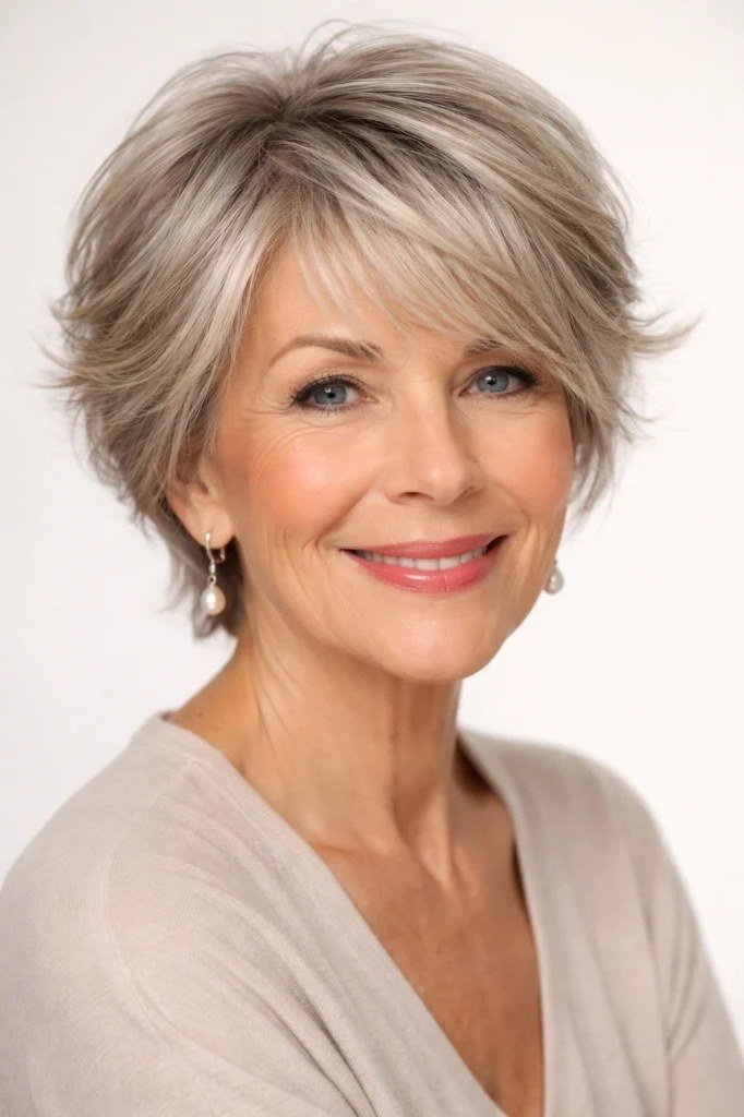 Tousled silver gray pixie bob haircut for women over 60