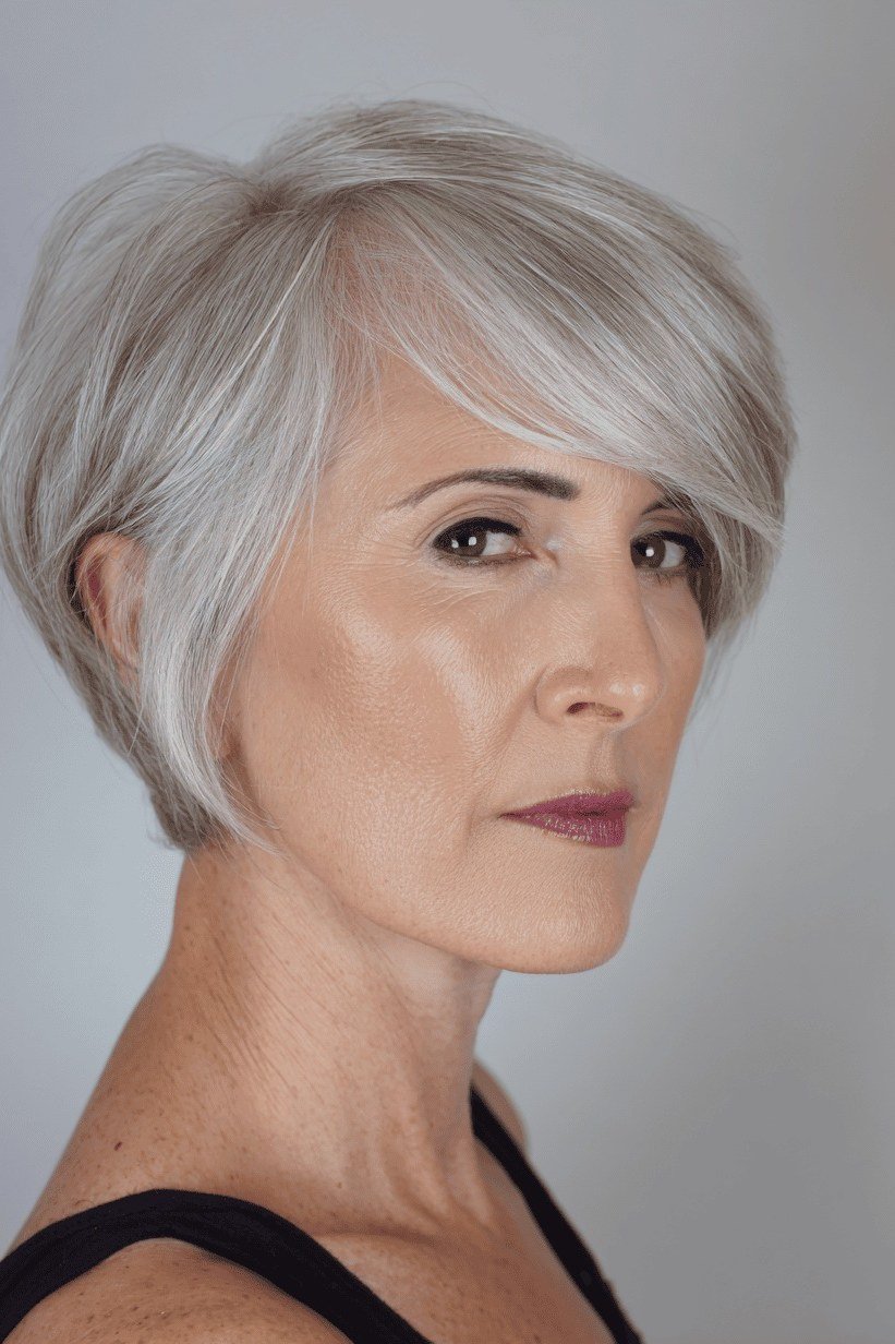 Silver white short bob with deep side sweep for older women