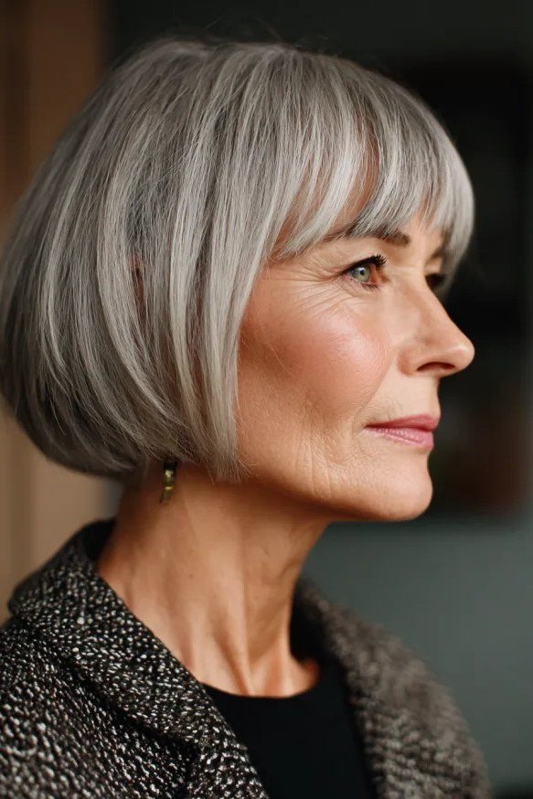 Silver gray rounded bob with full fringe for women over 60