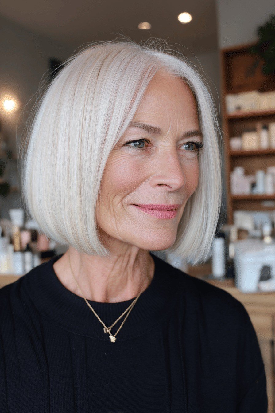 Snow-white sleek chin-length bob for older women
