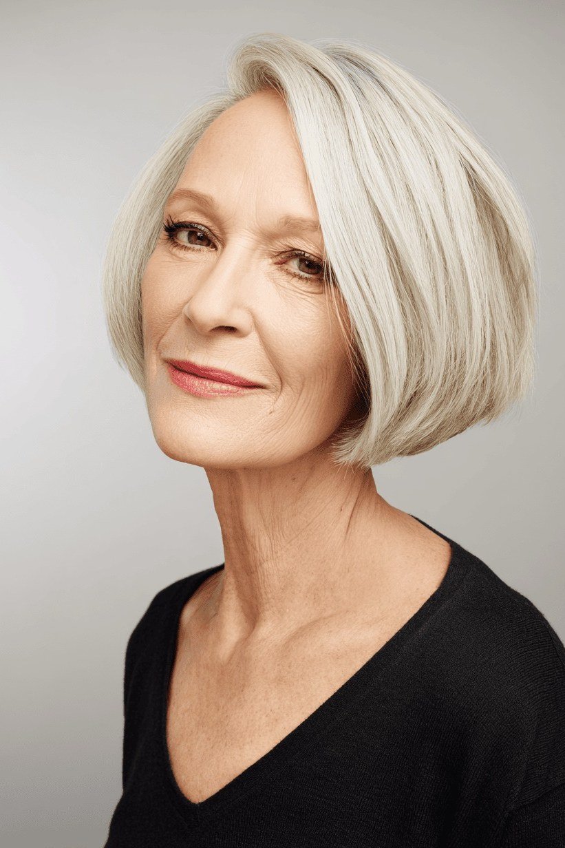 White-blonde graduated bob haircut for women over 60