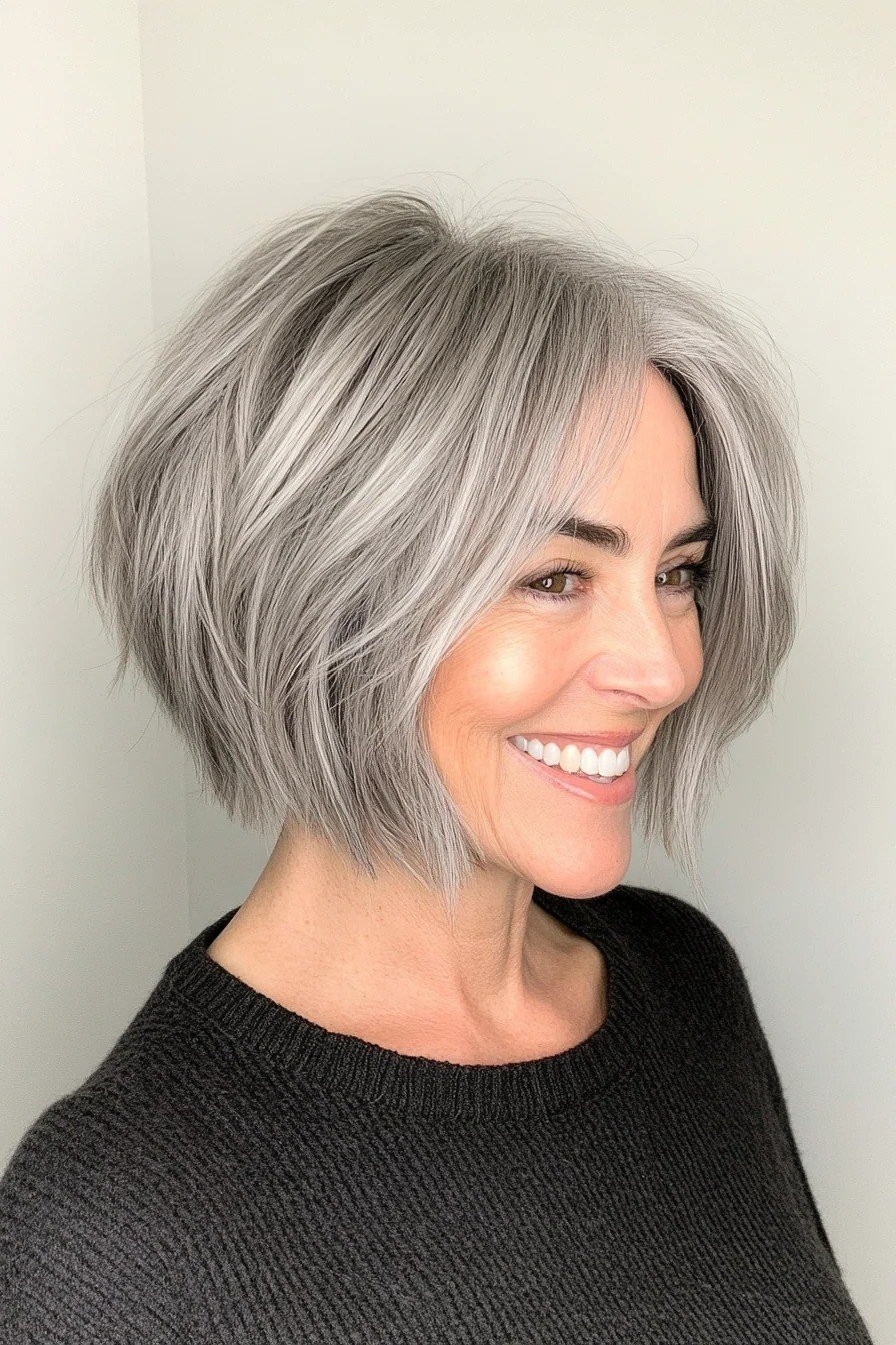 Silver layered bob with flicked ends for older women