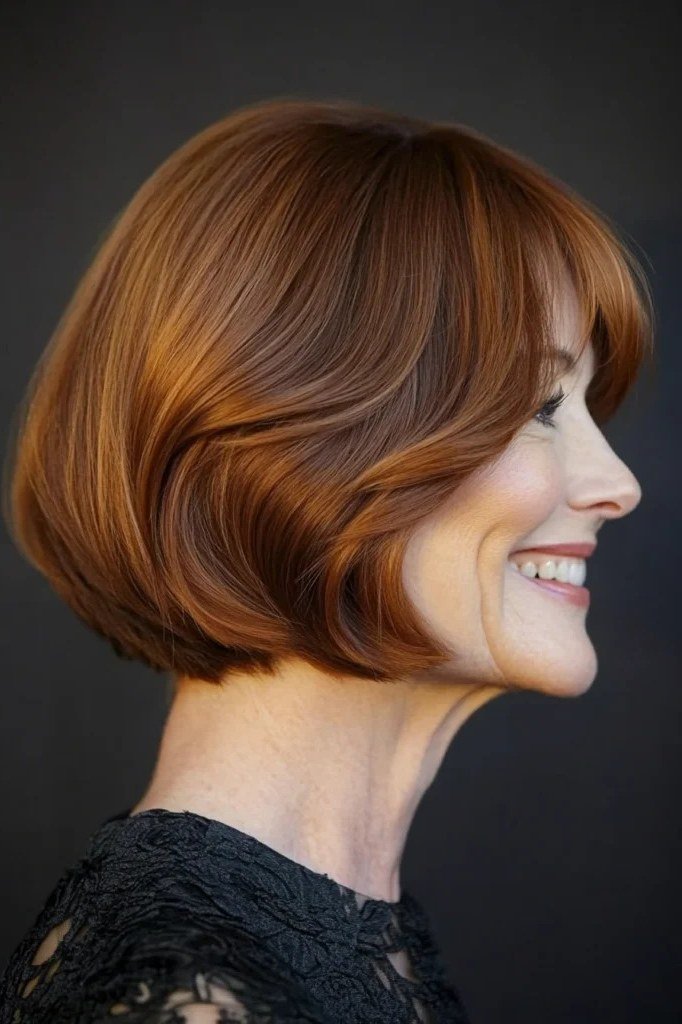 Copper auburn rounded bob haircut for older women