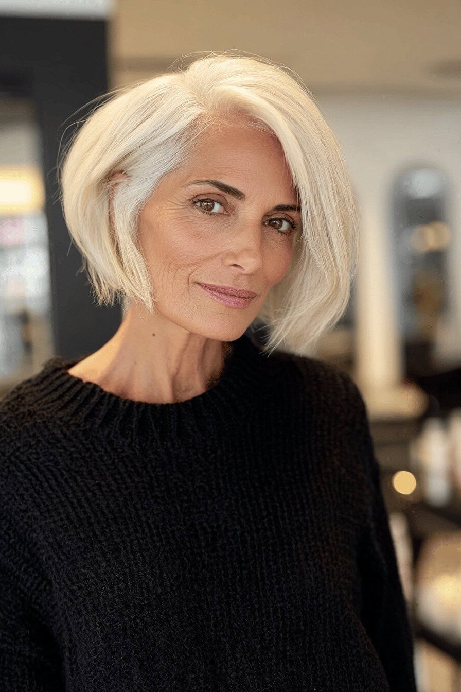 Platinum blonde sleek short bob for older women