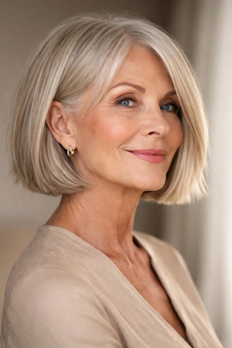 Silver-blonde straight bob with side part for women over 60