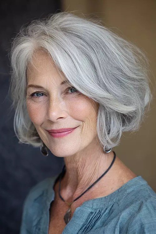 Salt-and-pepper short bob with textured fringe for older women