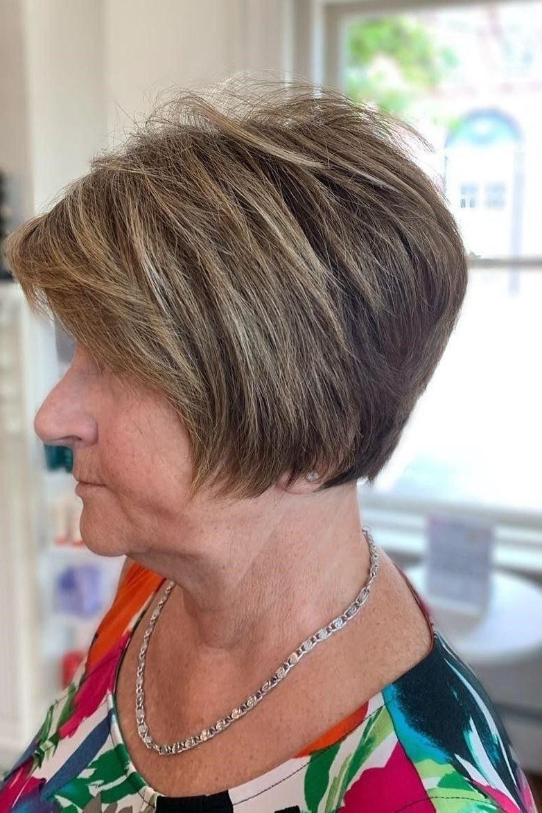 Brown-gray short textured bob for older women