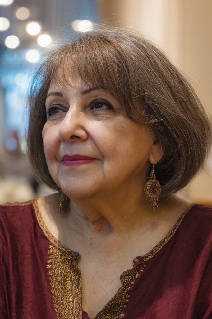 Warm brown chin-length bob with side-swept fringe for women over 60