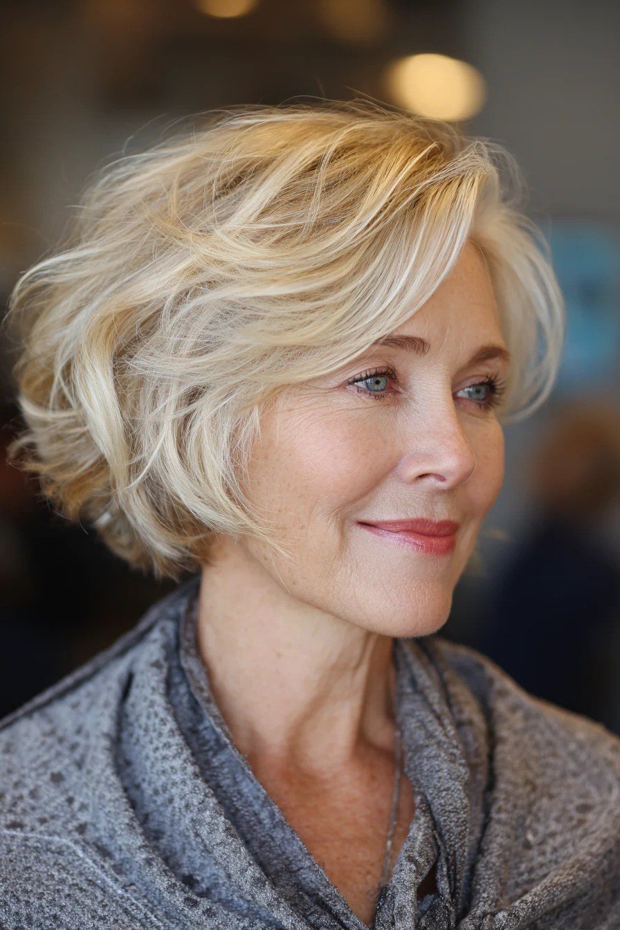 Blonde tousled layered bob for women over 60
