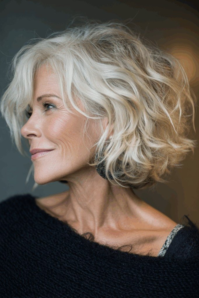 Silver-white curly bob with soft romantic curls for older women