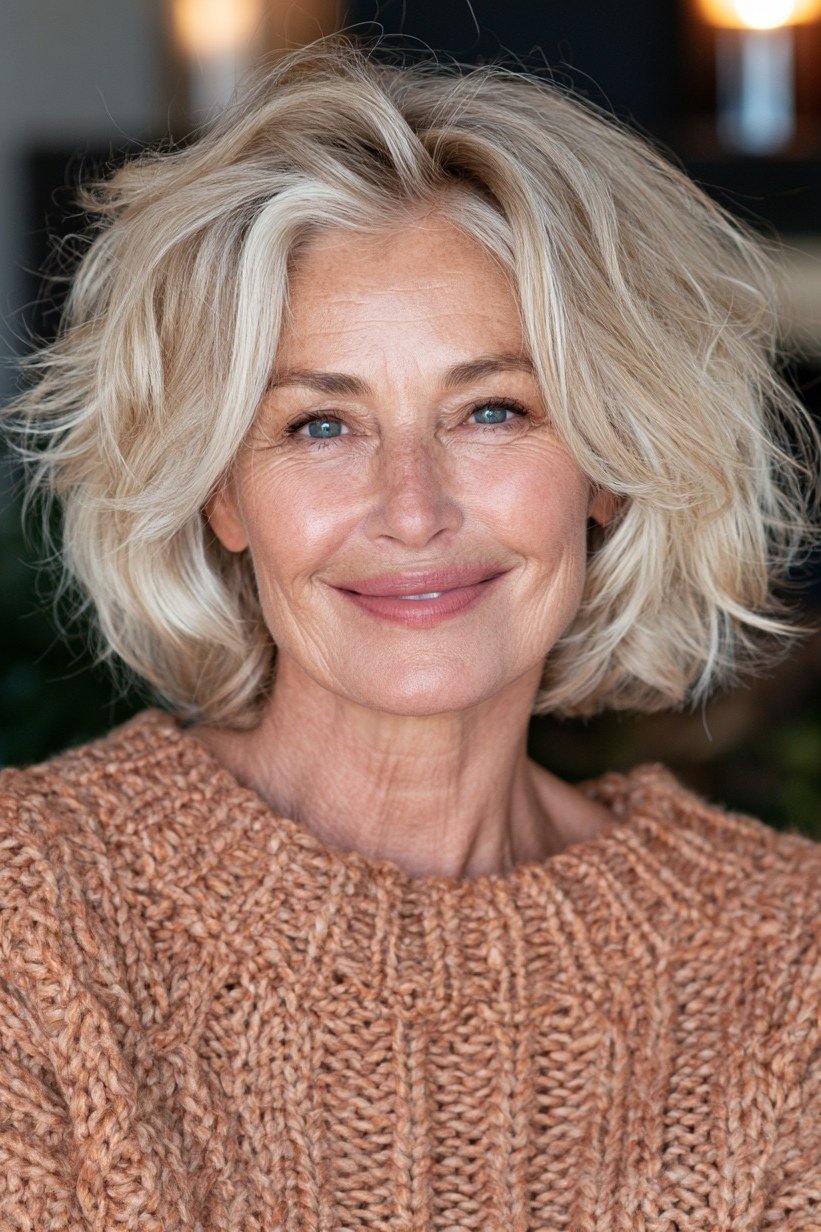 Blonde wavy chin-length bob for older women