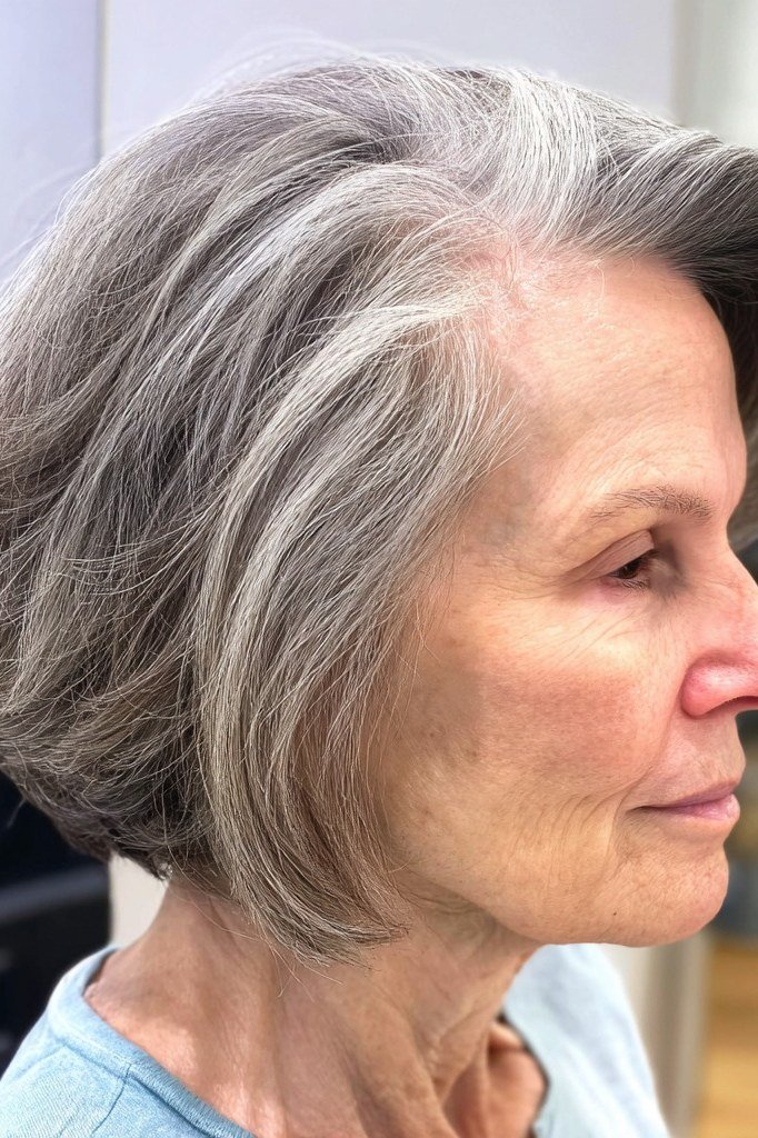Silver-gray sleek chin-length bob, side view, for women over 60