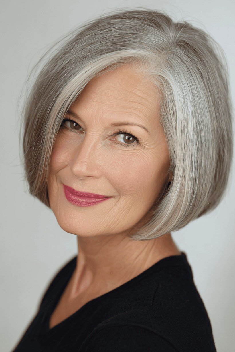 Classic silver-gray bob with side part for older women