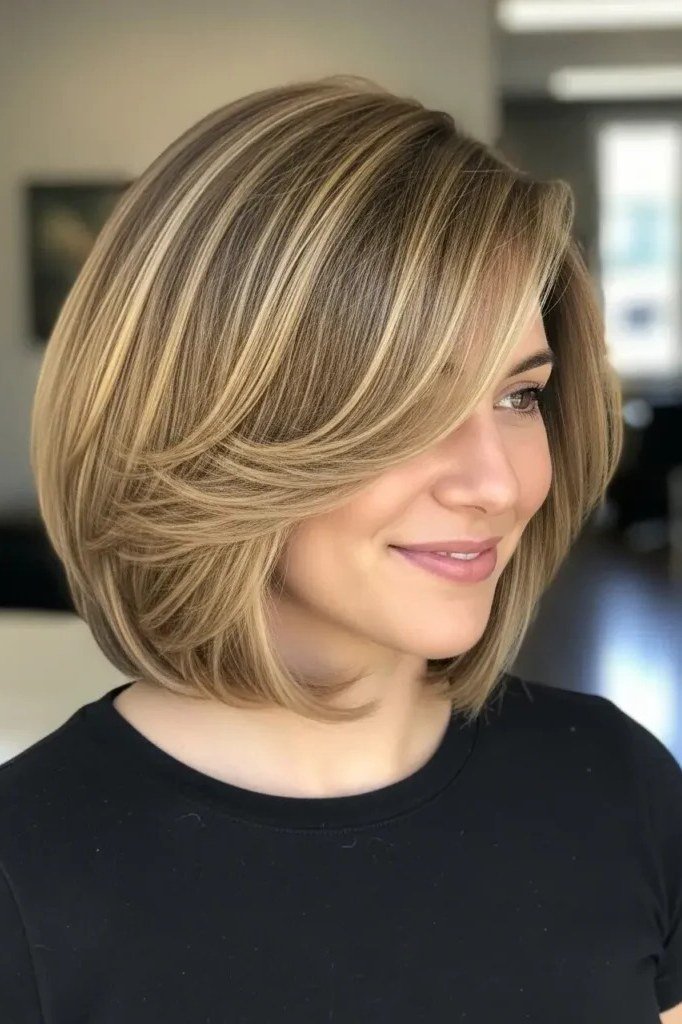 Honey-blonde layered bob with curtain fringe for women over 60