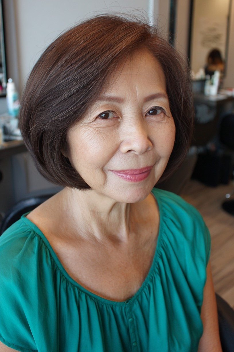 Dark brown neat chin-length bob for older women