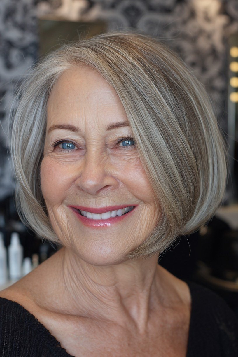 Glowing silver chin-length bob for women over 60
