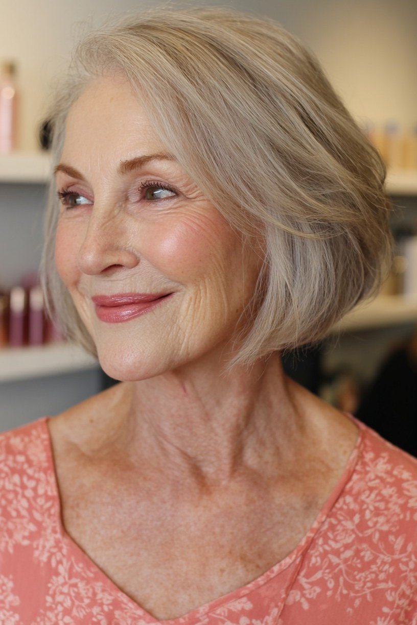 Soft blonde chin-length bob with gentle layers for older women