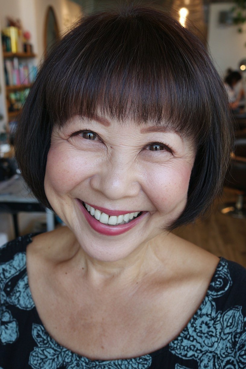 Jet-black chin-length bob with blunt fringe for older women