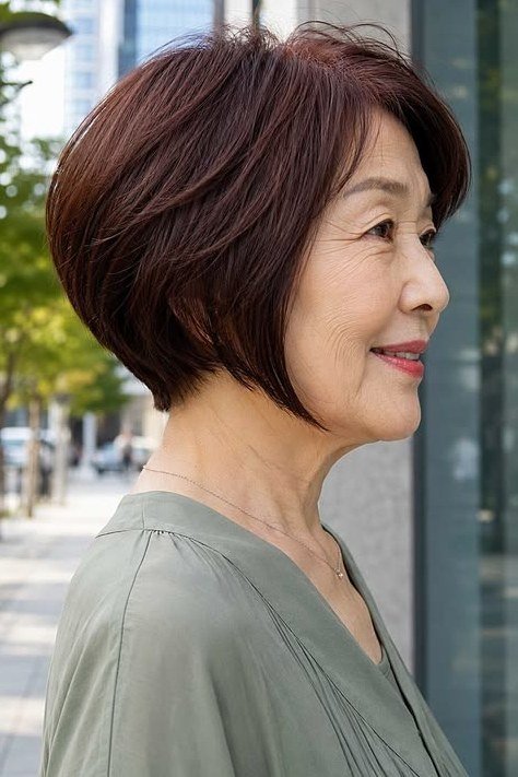 Burgundy rounded short bob for women over 60