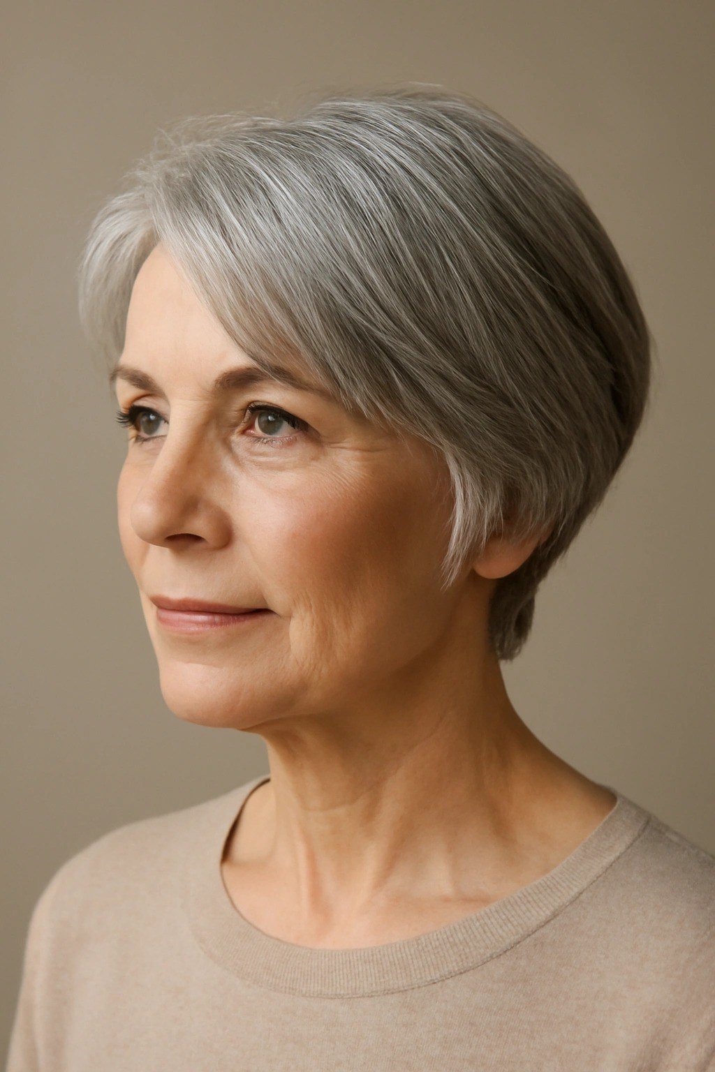 Silver-gray short bob tucked behind the ear for older women