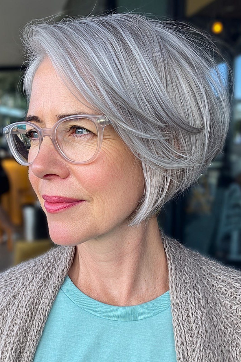 Textured silver-gray bob with piecey ends for women over 60