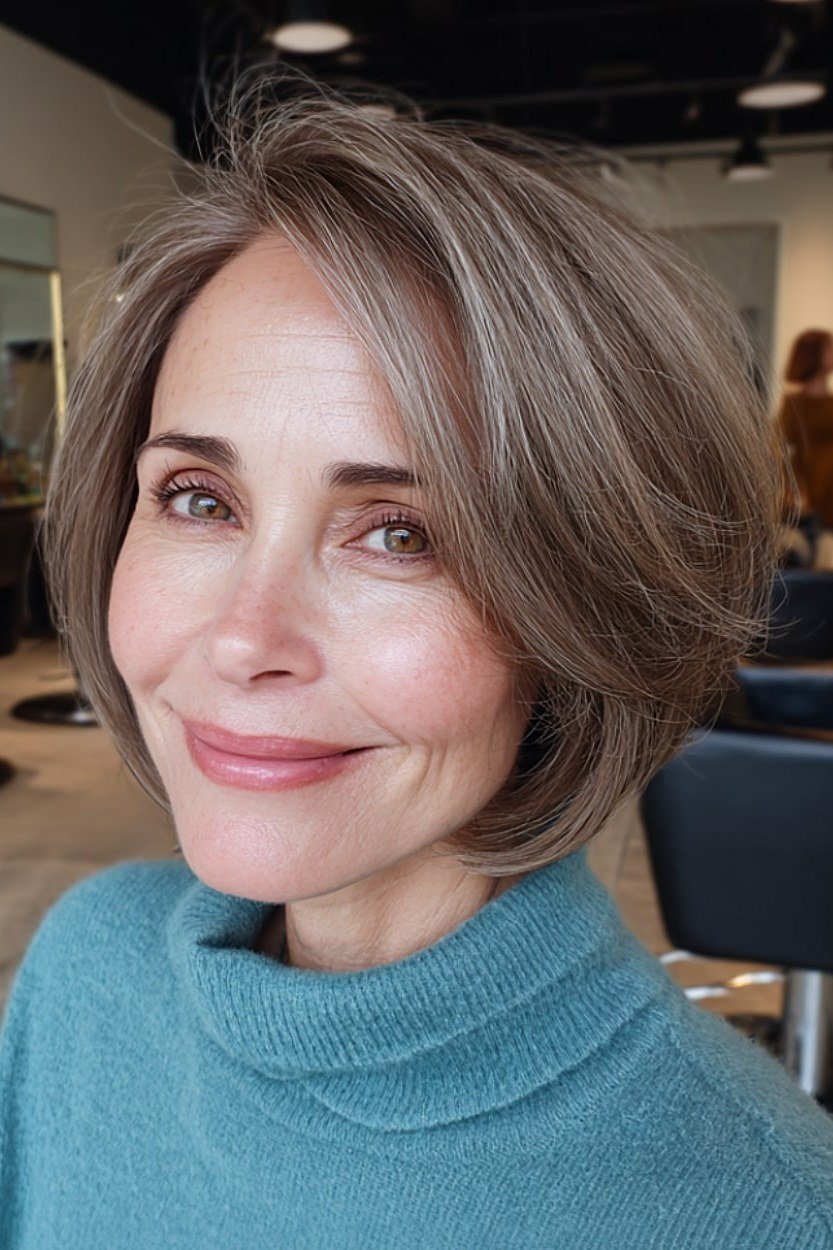 Ash-brown chin-length bob with side part for women over 60