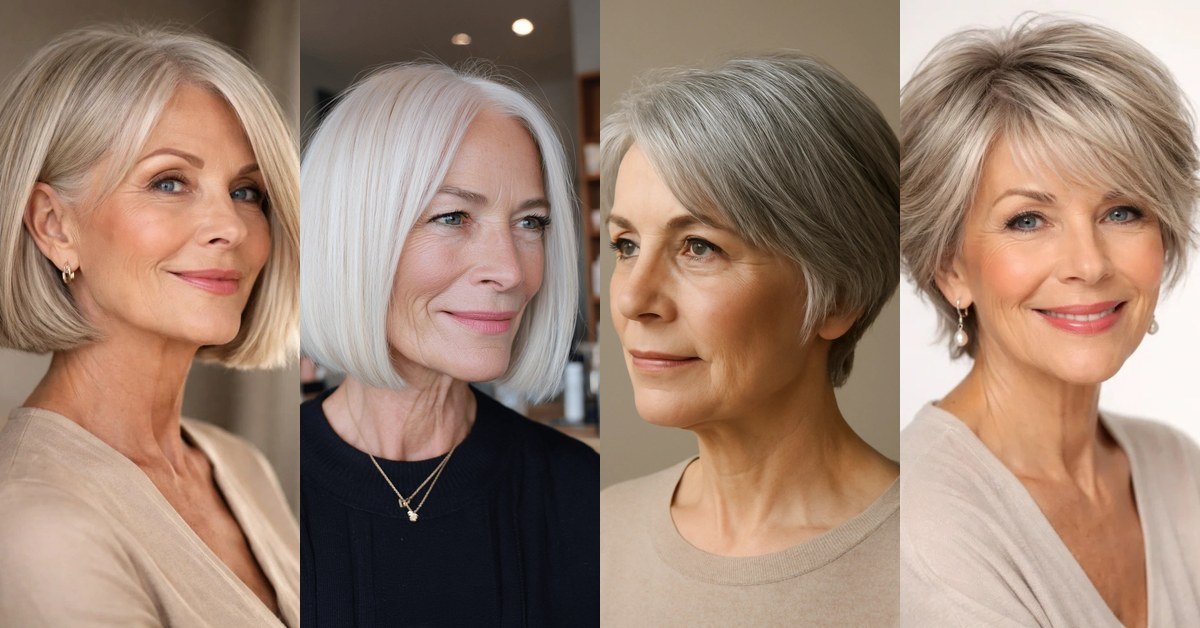 Collage of four gorgeous short bob haircuts for women over 60
