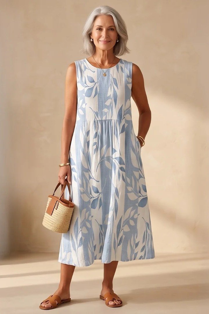 light blue floral sleeveless midi dress for women over 60