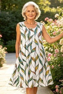 green leaf print sleeveless midi dress for women over 60