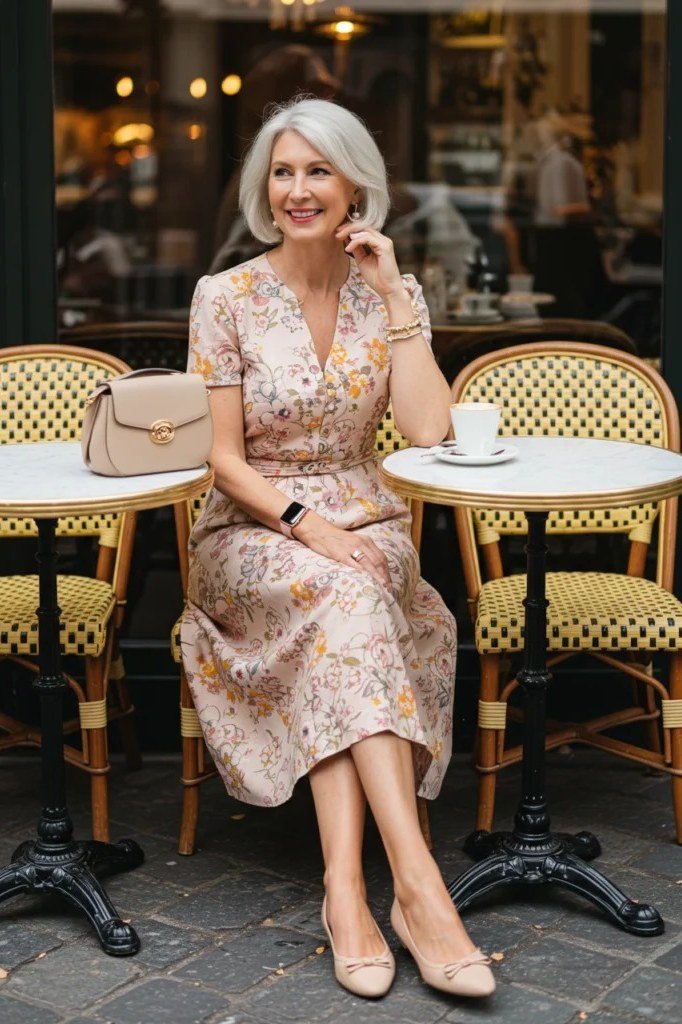 Blush pink floral shirt dress for women over 60: soft pink blossoms on a short-sleeve midi worn with a beige handbag