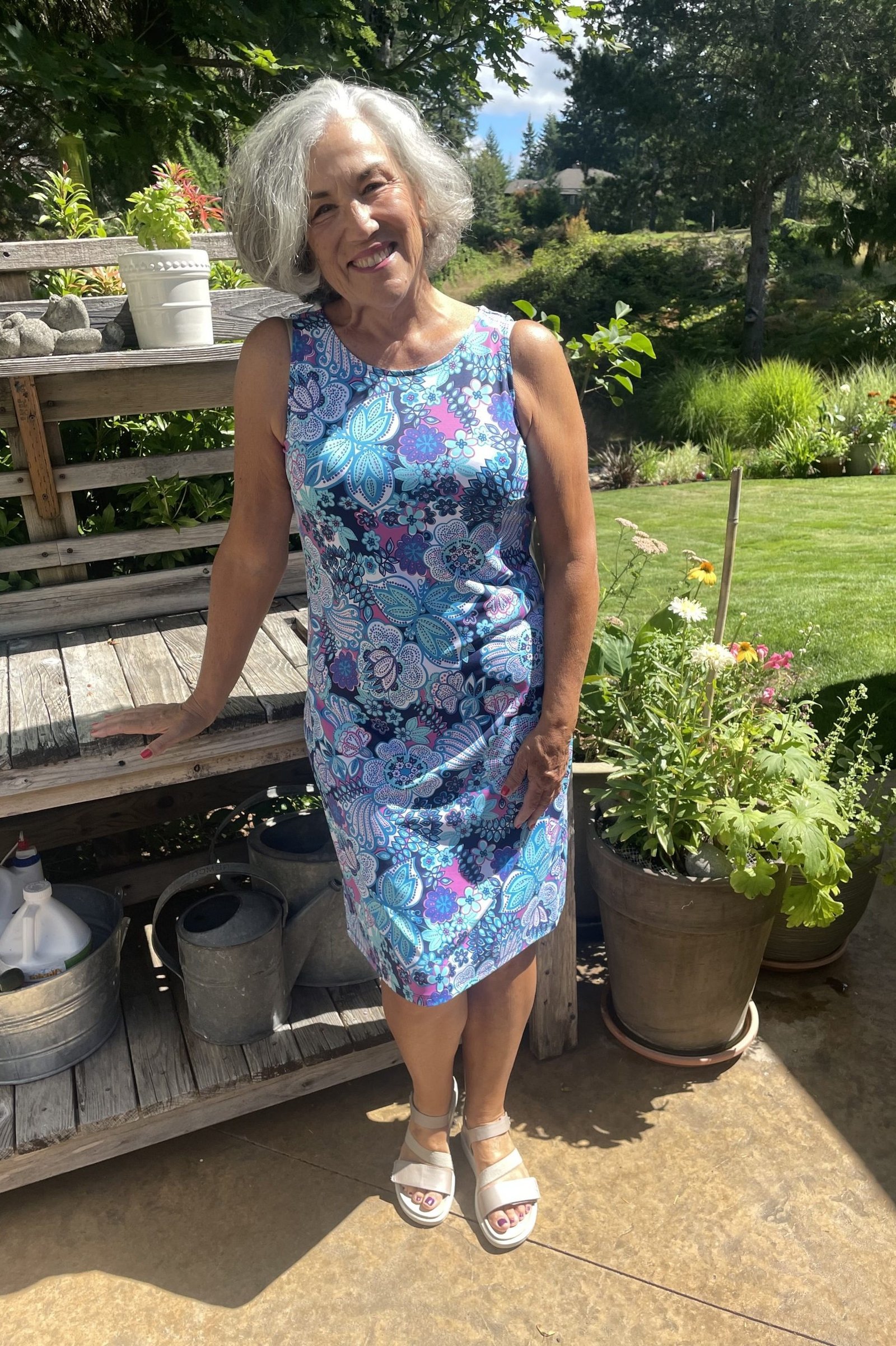 blue floral sleeveless midi dress for women over 60