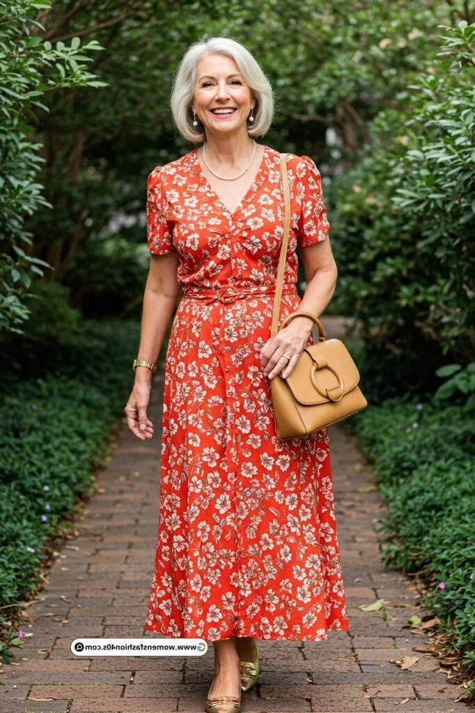 Red floral maxi shirt dress for women over 60: tiny red flowers on an ankle-length style with short sleeves and a tan bag