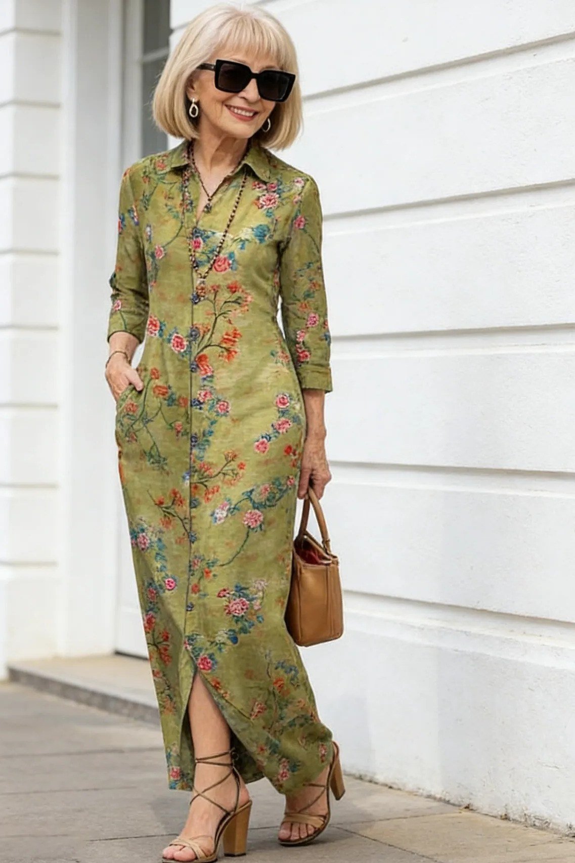 Olive floral maxi shirt dress for women over 60: scattered red flowers on olive with three-quarter sleeves and a front slit