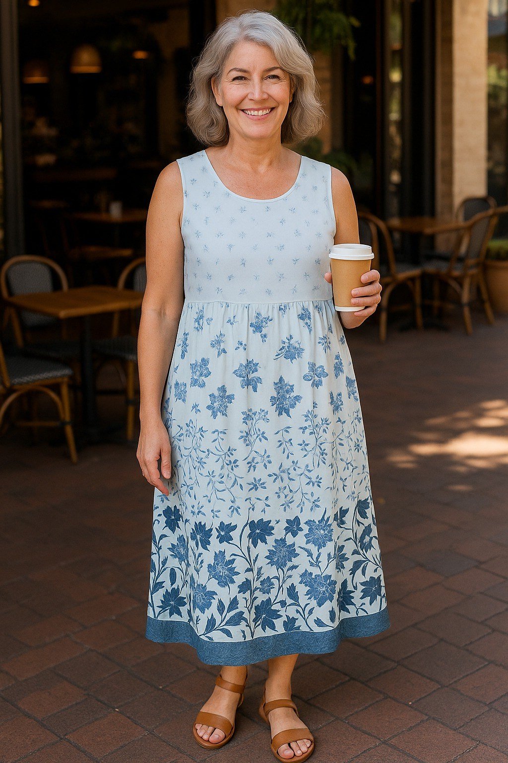light blue floral sleeveless midi dress for women over 60