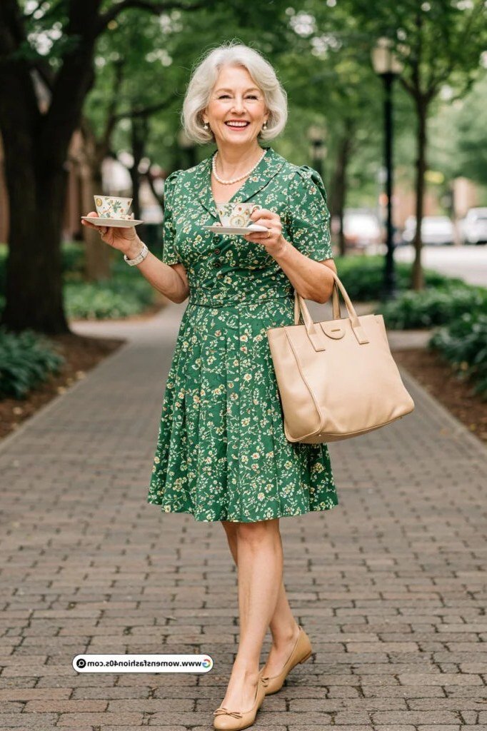 Green floral shirt dress for women over 60: dainty white and yellow flowers on a knee-length style with a nude tote