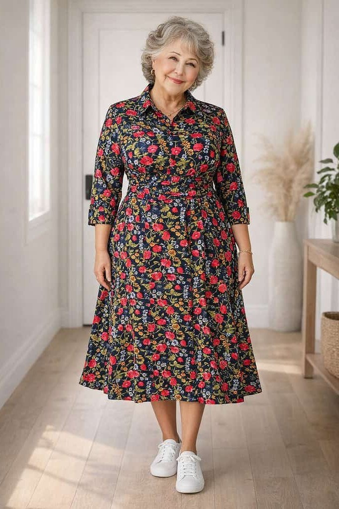Navy floral midi shirt dress for women over 60: red and pink blooms on deep navy with long sleeves and white sneakers