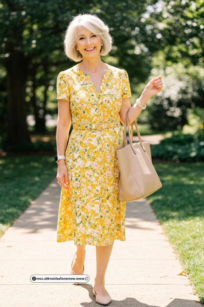 Yellow V-neck floral shirt dress for women over 60: yellow blossoms on a short-sleeve knee-length style with a nude tote