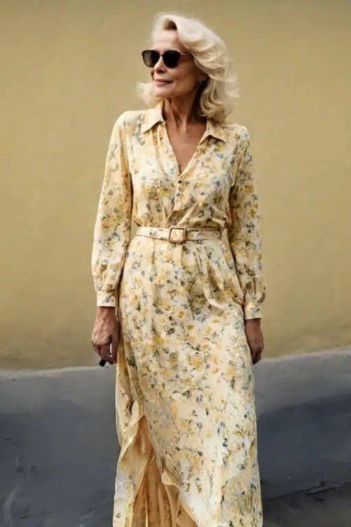 Pale yellow belted maxi shirt dress for women over 60: soft yellow flowers on cream with long sleeves and a slim belt